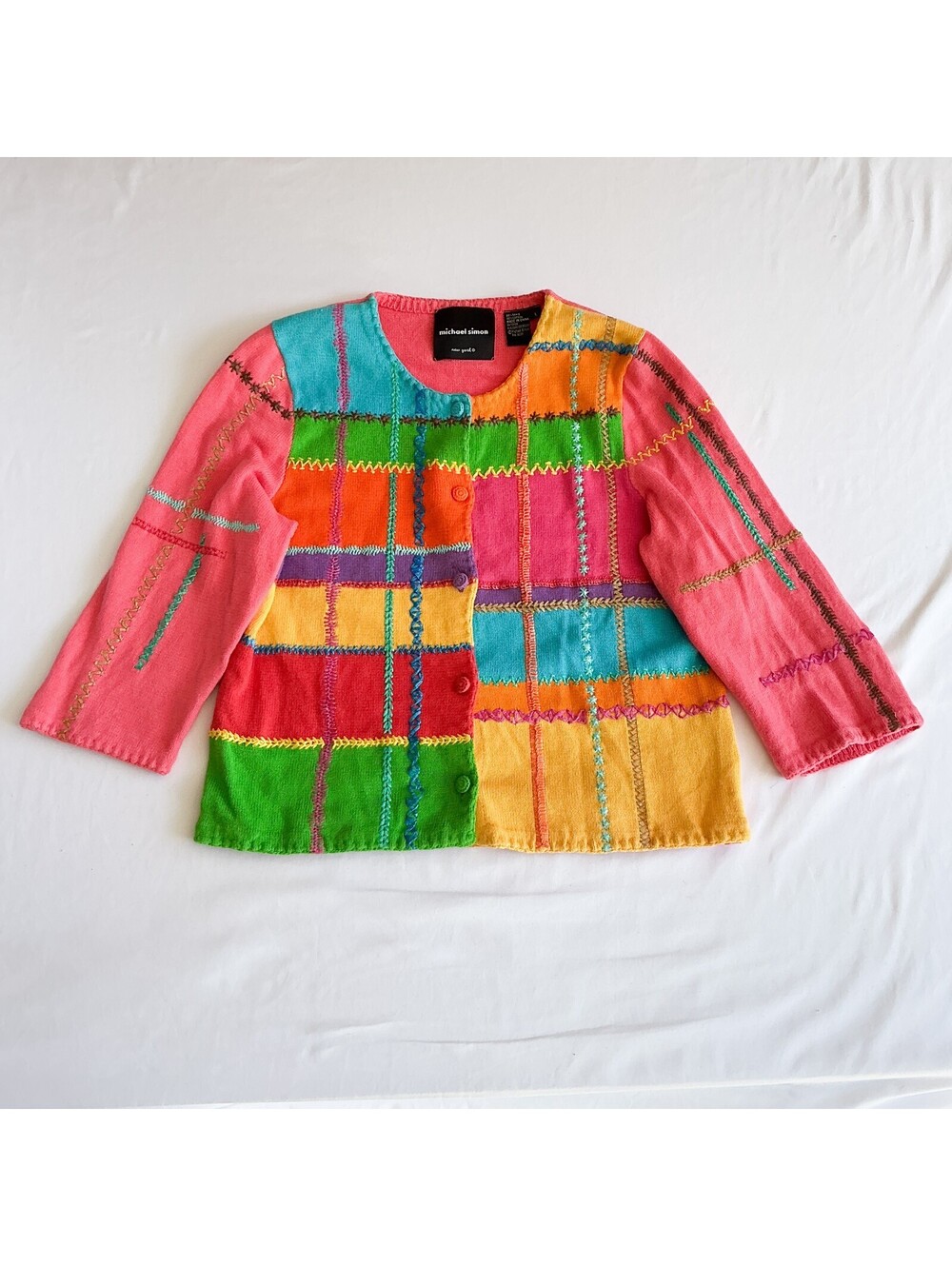 Michael Simon Vintage Colorful Patchwork Cottagecore Knit Cardigan Sweater Large